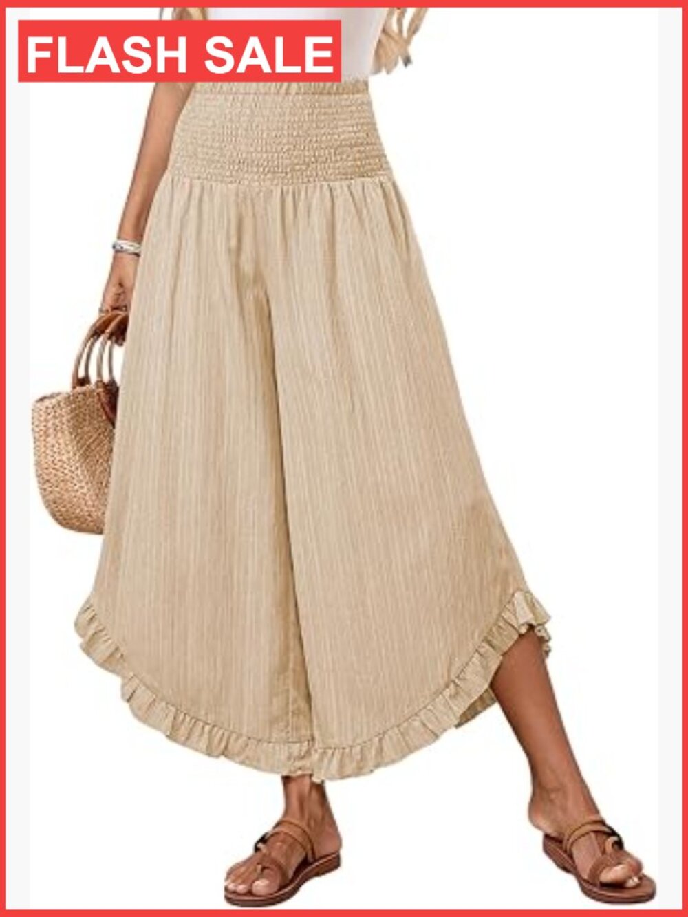 Wide Leg Palazzo Pants for Women High Waist Flowy Ruffle Hem Summer Beach - Picture 1 of 7